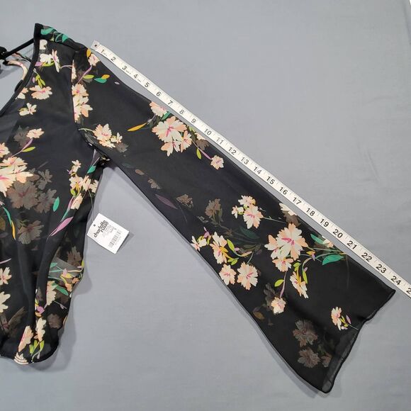 Charlotte Russe Black Floral Shirt NEW Long Sleeves Sheer Crop Blouse Women's S - Picture 8 of 9